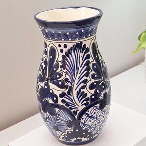 Blue & white vase Handmade pottery Chinoiserie 9"